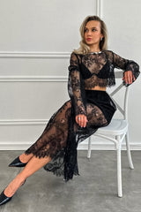 Lace Applique Sheer Tiered Maxi Skirt Set