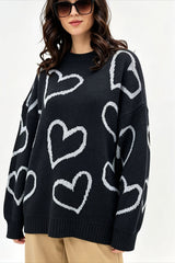 Heart Outline Motif Oversized Crew Neck Sweater