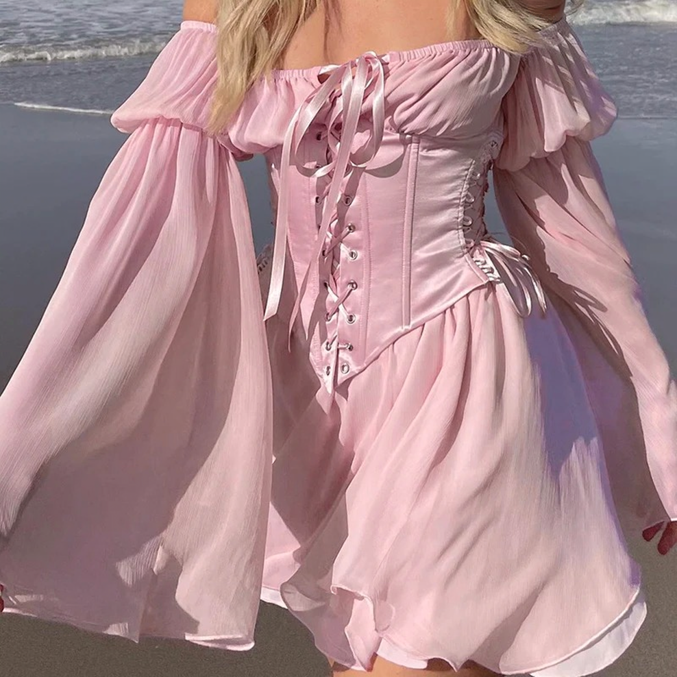 Julia Fashion - Off Shoulder Mesh Yarn Short Dress