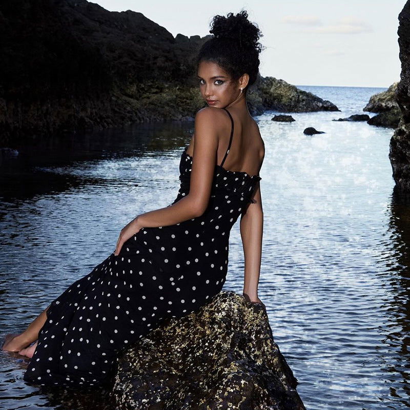 Arrival French Slim Fit Backless Polka Dot Brace Dress