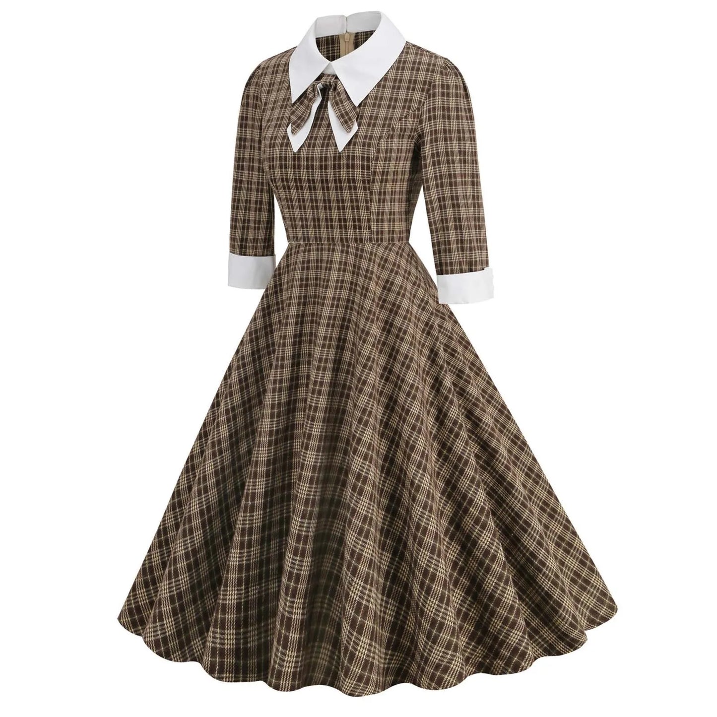JuliaFashion - Autumn Winter Plaid Print Retro Vintage A Line Party 3/4 Long Sleeve Elegant 40s 50s 60s Pinup Rockabilly With Bow Dress
