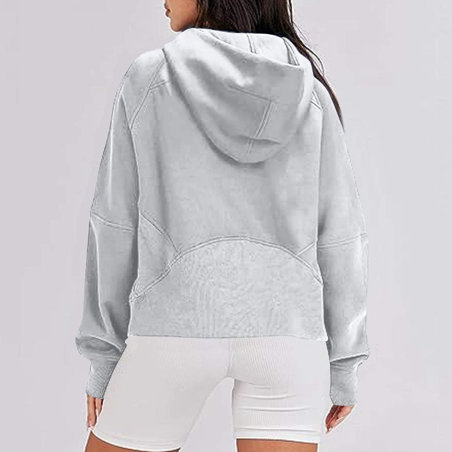 Autumn Winter Solid Color Loose Half Zip Pockets Thumb Hole Long Sleeve Hoody
