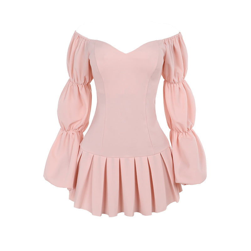 Elegant off the Shoulder Lantern Sleeve Pleated