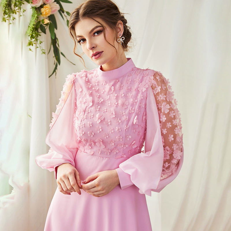 Applique Bubble Long Sleeve Big Hem Dress