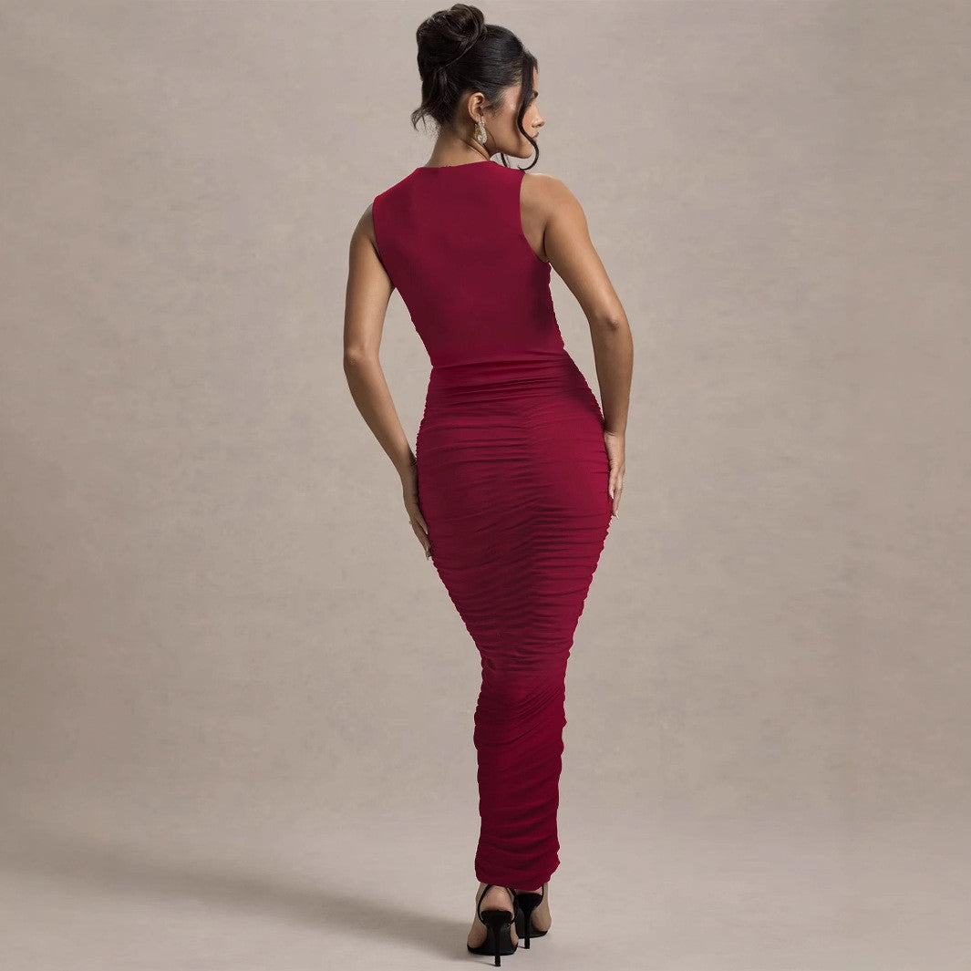 Elegant Pleated Slim Sleeveless round Neck Sheath Dress