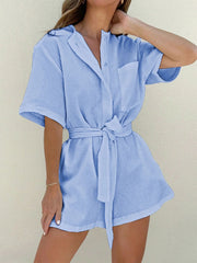 Textured Cargo Belted Linen Romper