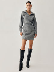 Cable Knit Open Collar Modern Cardigan With Matching Skirt Sets