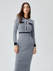 Contrast Trim Herringbone Trendy Bodycon Sweater Midi Dress Sweaters-L