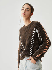 Crocheted Contrast Trim Trendy Ribbed Knit Sweater Sweaters-L