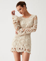 Crochet Paisley Long Trendy Sleeve Short Dress Apricot / Xs Sweaters-L