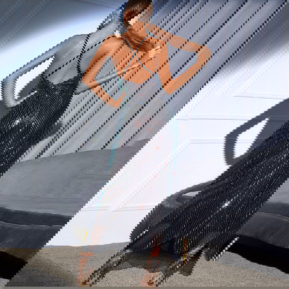 Backless Retro Spaghetti Straps Sequ Dress Dress