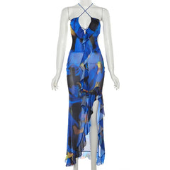 Bandage Slit Ruffle Plunge V-Neck Elegant For Women’s Club Party Print Sunsummer Midi Dress
