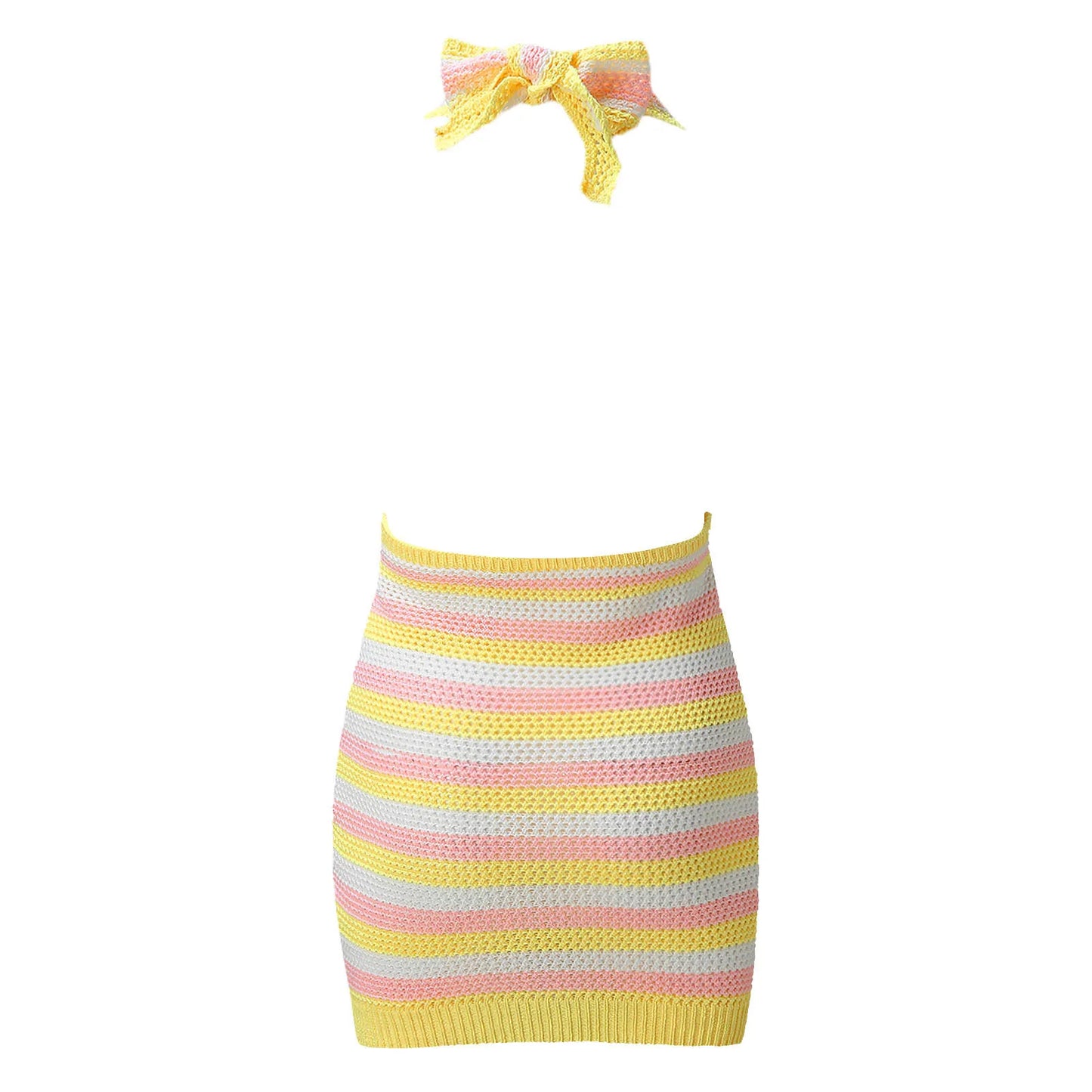 JuliaFashion - Beach Style Striped Knitted Women Summer Sexy Backless Deep V-Neck Halter Y2K Streetwear Vacation Casual Vestidos Dress