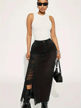 Black Flap Pockets Denim Midi Skirt Raw Hem Distressed Washed Cargo Jean