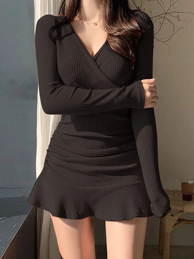 Julia Fashion - V Neck Elegant Long Sleeve Ruffles Bodycon Autumn Mini Dress
