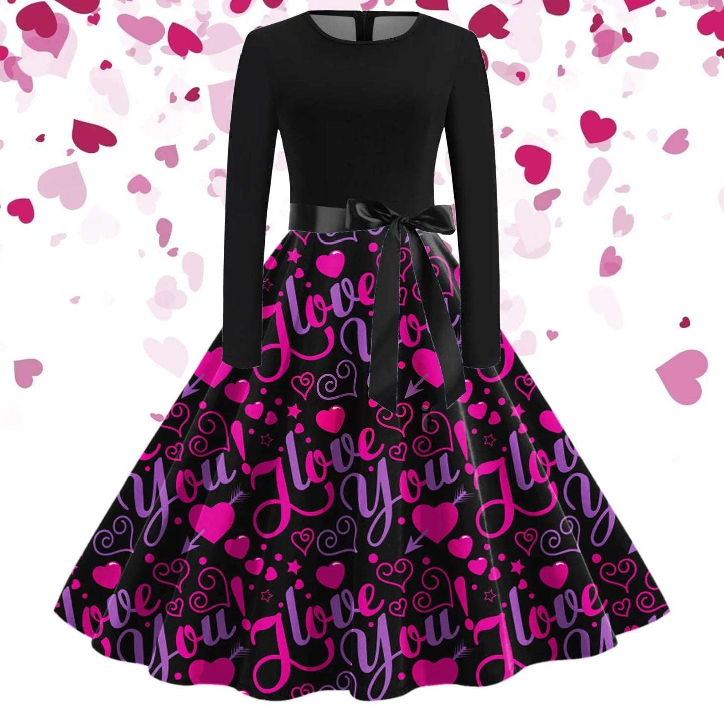 JuliaFashion - Black Love Heart Big Swing Print Vintage Valentines Day Women Winter Casual Long Sleeve Round Neck Party Femme Robe Dress
