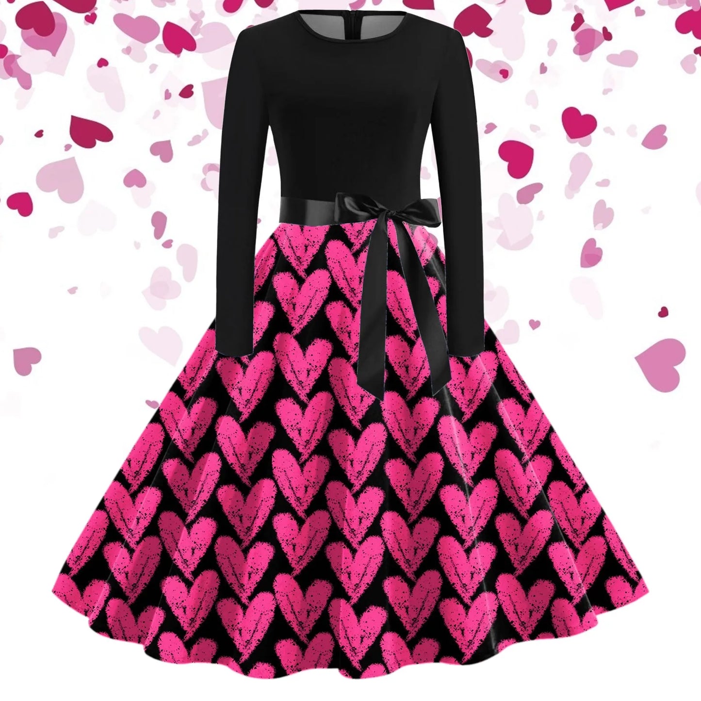 JuliaFashion - Black Love Heart Big Swing Print Vintage Valentines Day Women Winter Casual Long Sleeve Round Neck Party Femme Robe Dress