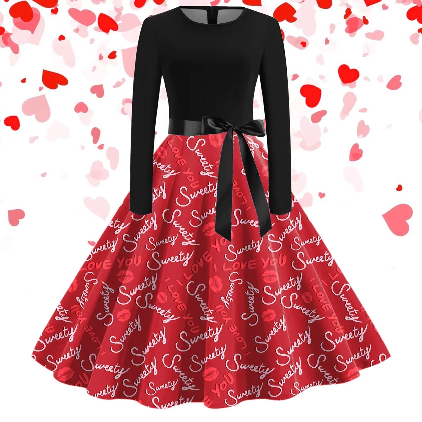 JuliaFashion - Black Love Heart Big Swing Print Vintage Valentines Day Women Winter Casual Long Sleeve Round Neck Party Femme Robe Dress