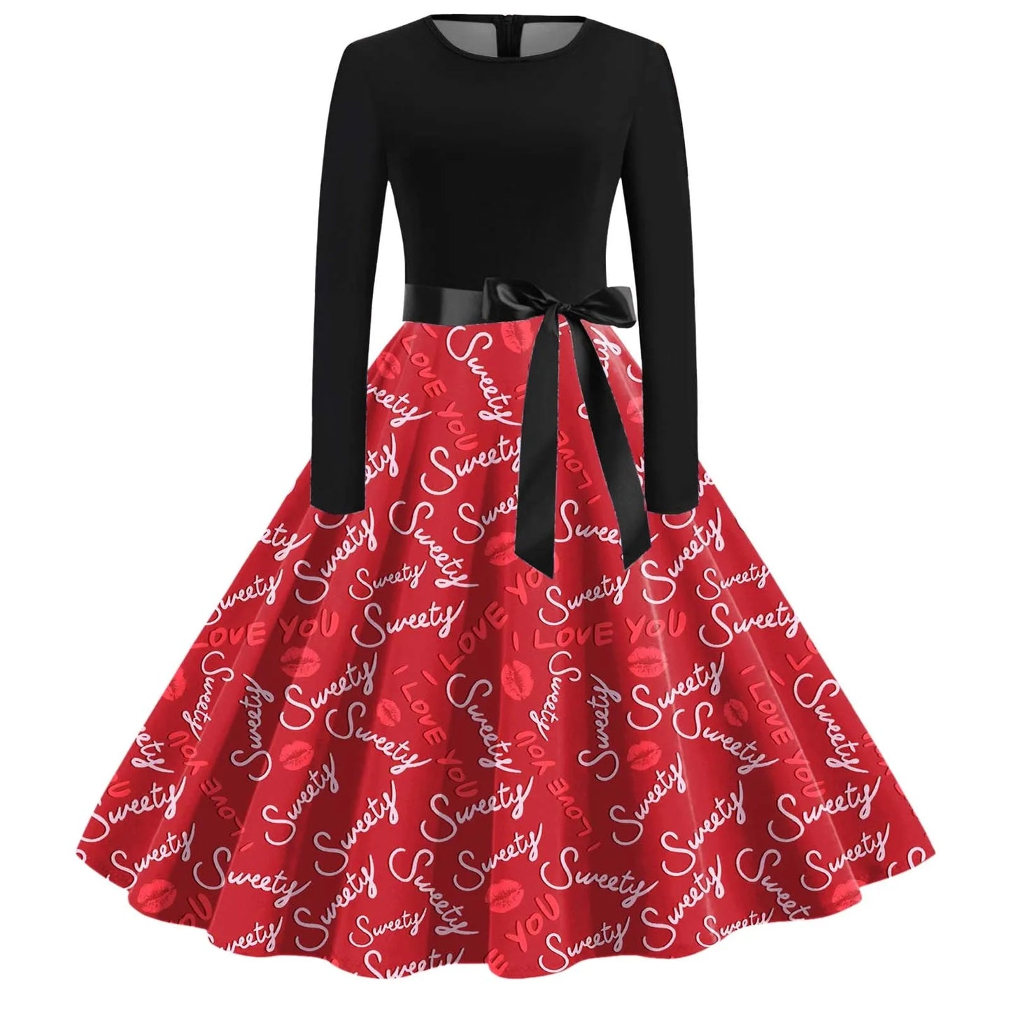 JuliaFashion - Black Love Heart Big Swing Print Vintage Valentines Day Women Winter Casual Long Sleeve Round Neck Party Femme Robe Dress