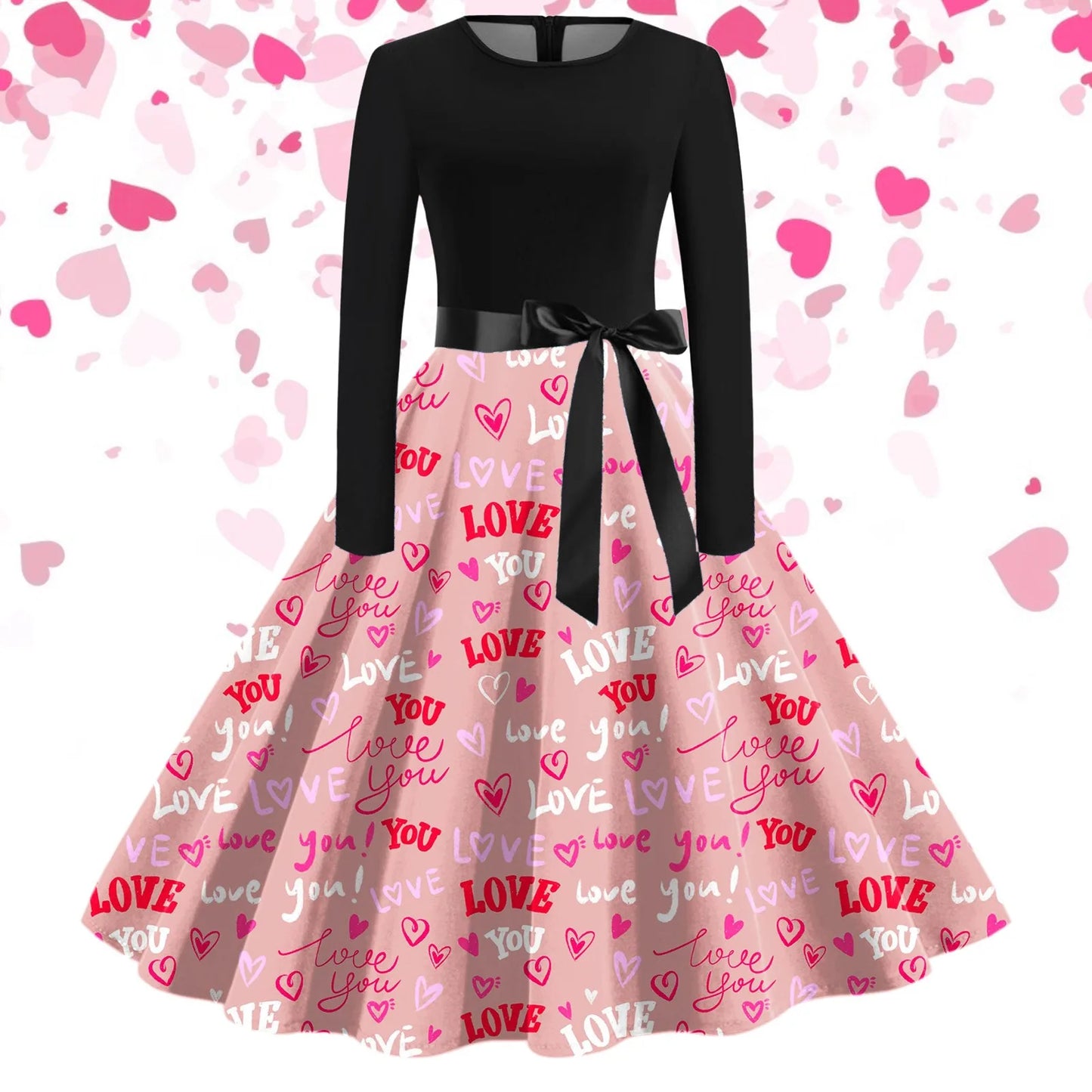 JuliaFashion - Black Love Heart Big Swing Print Vintage Valentines Day Women Winter Casual Long Sleeve Round Neck Party Femme Robe Dress