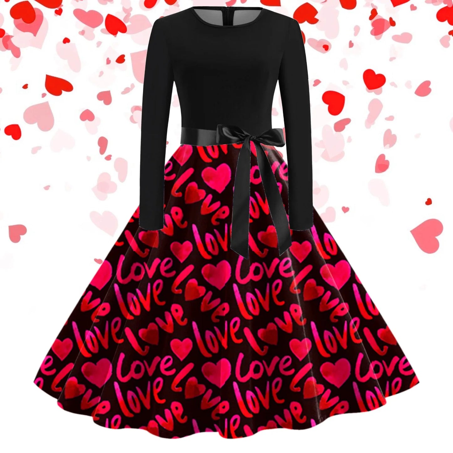 JuliaFashion - Black Love Heart Big Swing Print Vintage Valentines Day Women Winter Casual Long Sleeve Round Neck Party Femme Robe Dress
