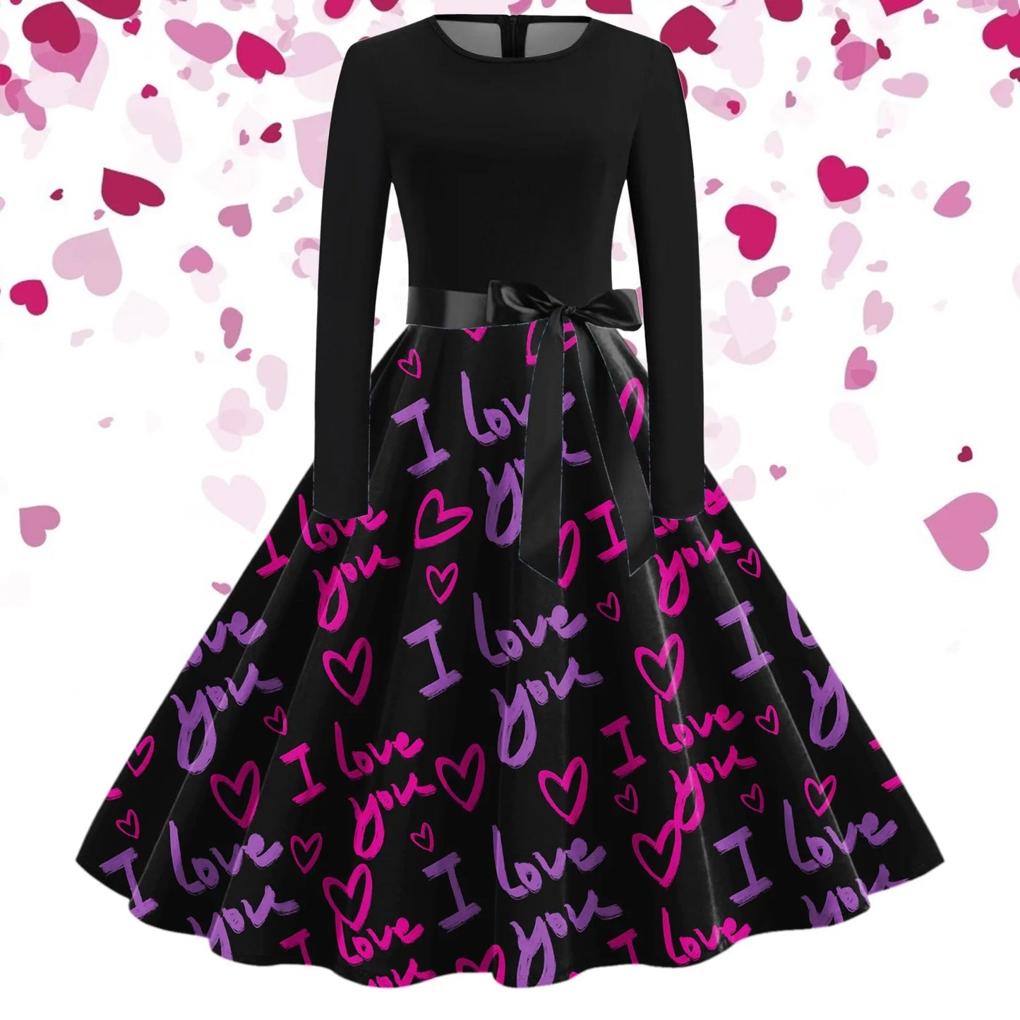 JuliaFashion - Black Love Heart Big Swing Print Vintage Valentines Day Women Winter Casual Long Sleeve Round Neck Party Femme Robe Dress