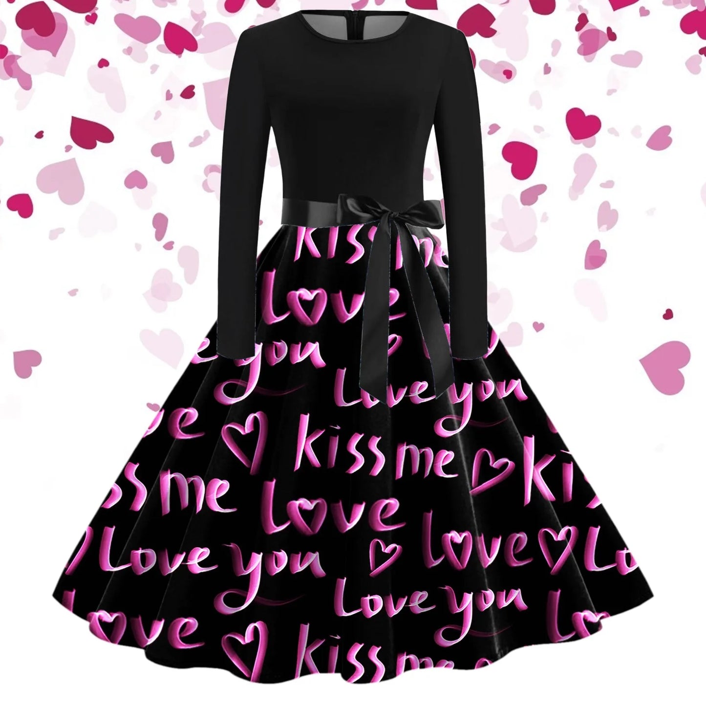 JuliaFashion - Black Love Heart Big Swing Print Vintage Valentines Day Women Winter Casual Long Sleeve Round Neck Party Femme Robe Dress