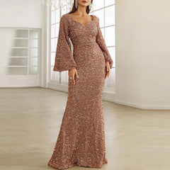 JuliaFashion - Bodycon Sequin Shinny Evening Prom Flare Sleeve Maxi Elegant Mid Waist Long Party Gown Wedding Guest Dress