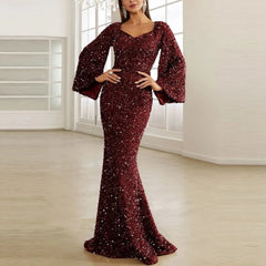 JuliaFashion - Bodycon Sequin Shinny Evening Prom Flare Sleeve Maxi Elegant Mid Waist Long Party Gown Wedding Guest Dress