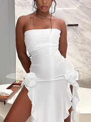 Split Ruffle Mesh Bandeau Maxi Dress Maxi Dresses