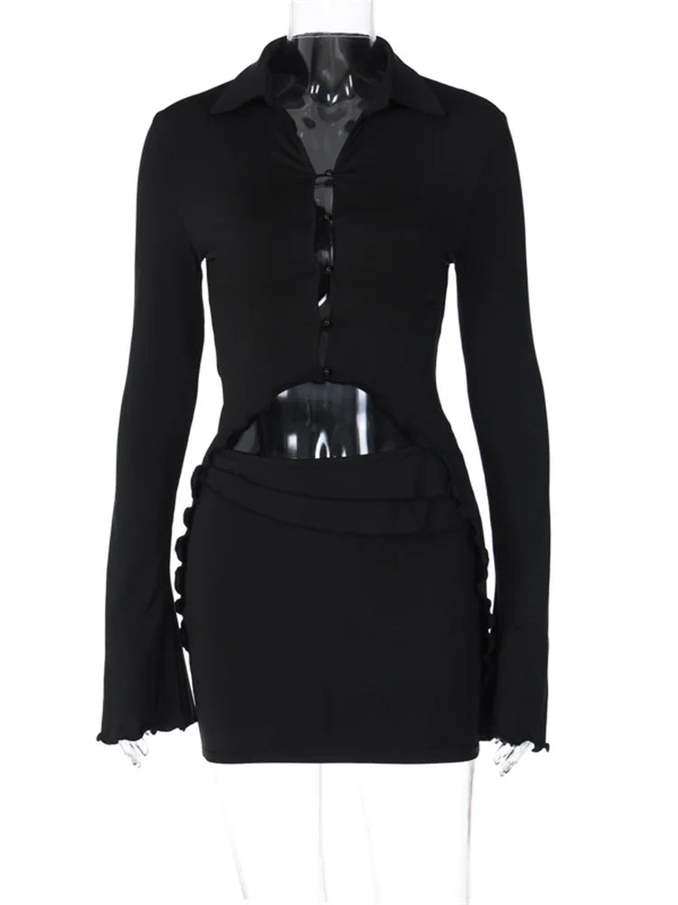 JuliaFashion - Long Flare Sleeve Button Up Short Mini Low Waist Clubwear Suits