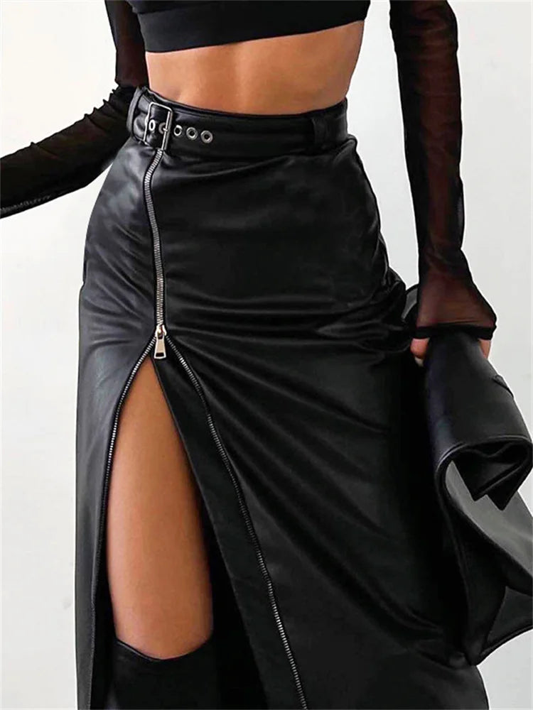 JuliaFashion - Black PU Leather High Waist Vintage Grunge Streetwear Zip Up High Split Bodycon Midi Belt Skirts