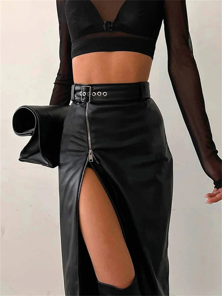 JuliaFashion - Black PU Leather High Waist Vintage Grunge Streetwear Zip Up High Split Bodycon Midi Belt Skirts