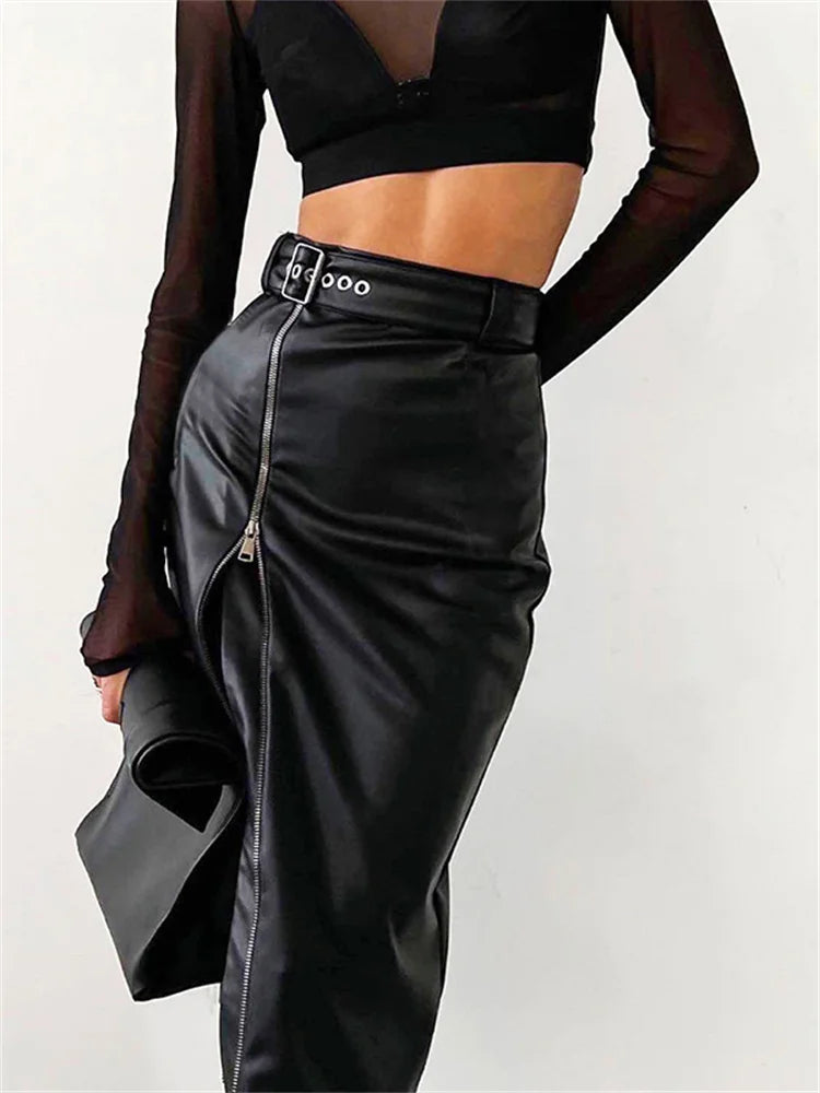 JuliaFashion - Black PU Leather High Waist Vintage Grunge Streetwear Zip Up High Split Bodycon Midi Belt Skirts
