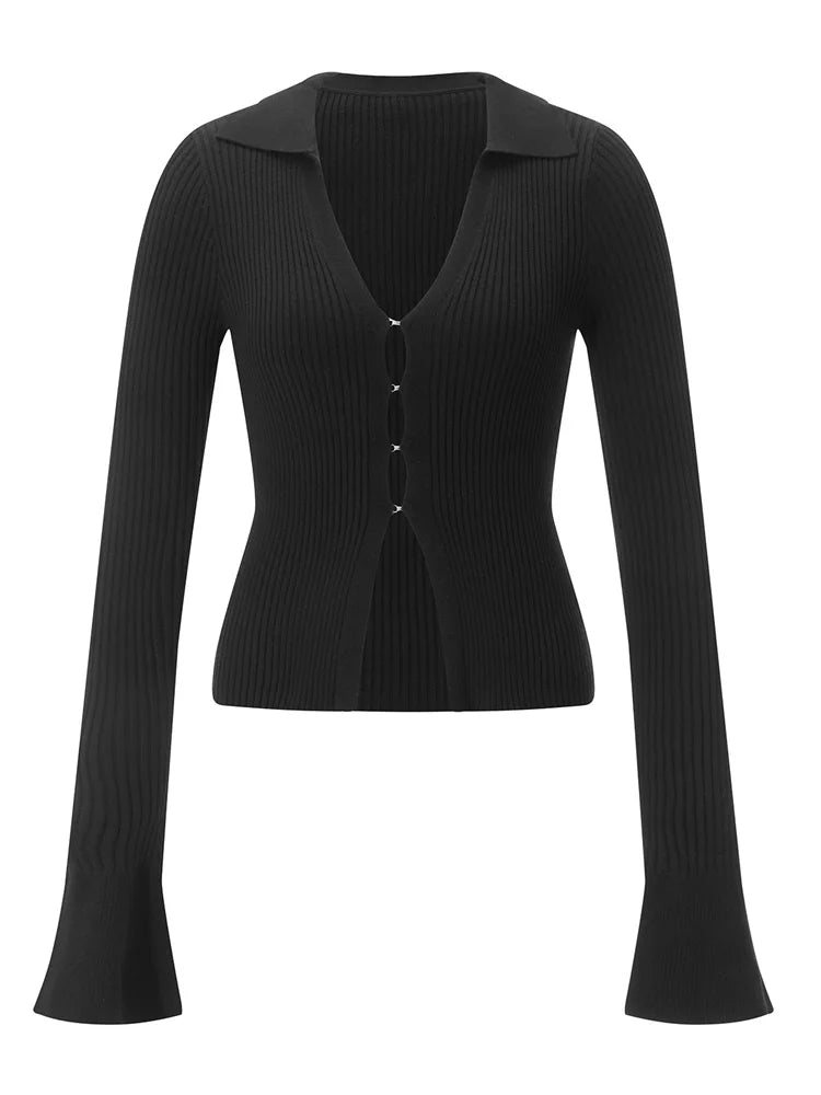JuliaFashion - Fashion V-Neck Knitted Solid Color Ribbed Long Flare Sleeve Slim Buttons Up Cardigan Sweater