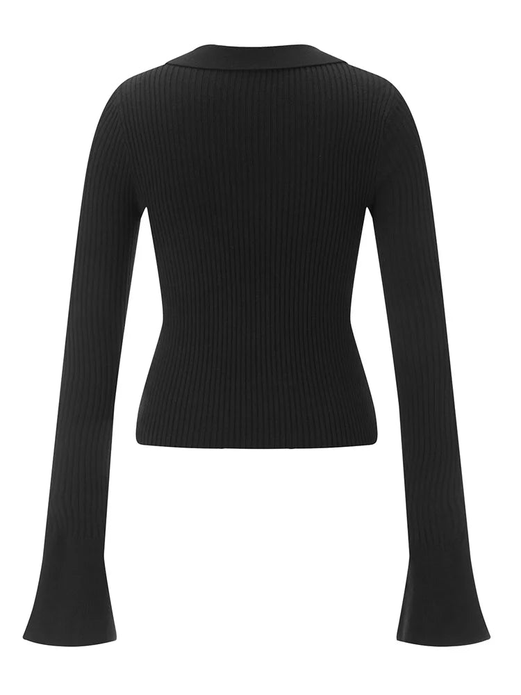 JuliaFashion - Fashion V-Neck Knitted Solid Color Ribbed Long Flare Sleeve Slim Buttons Up Cardigan Sweater