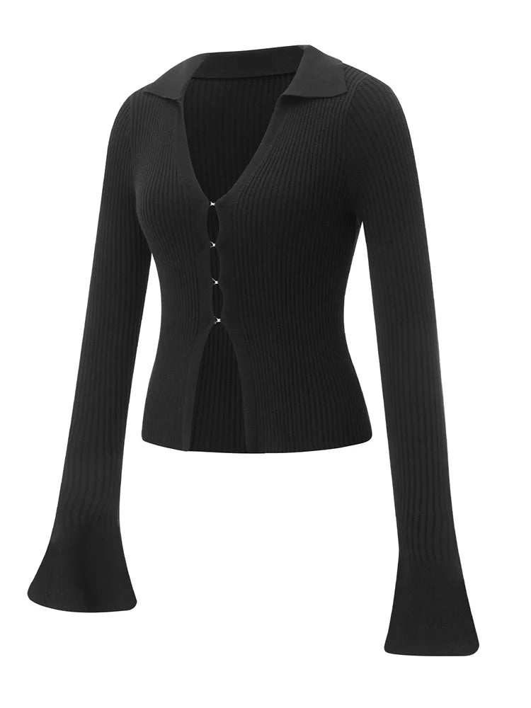 JuliaFashion - Fashion V-Neck Knitted Solid Color Ribbed Long Flare Sleeve Slim Buttons Up Cardigan Sweater