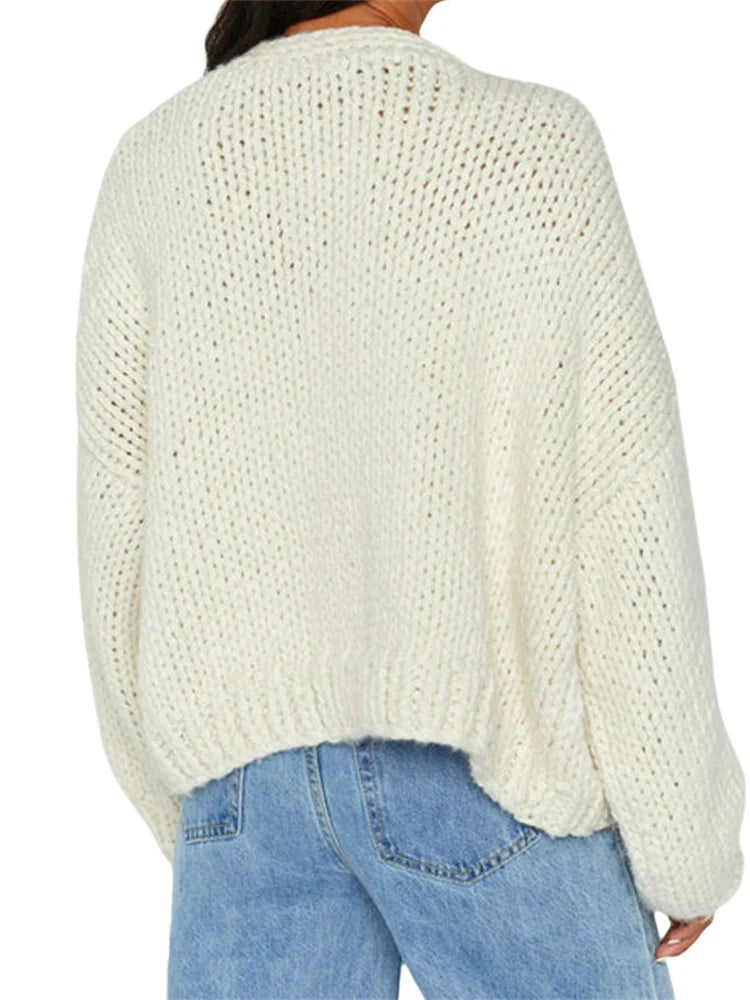 JuliaFashion - Female Contrast Color/Solid Long Sleeve Loose Knitted Cardigan Fall Winter Warm Sweater