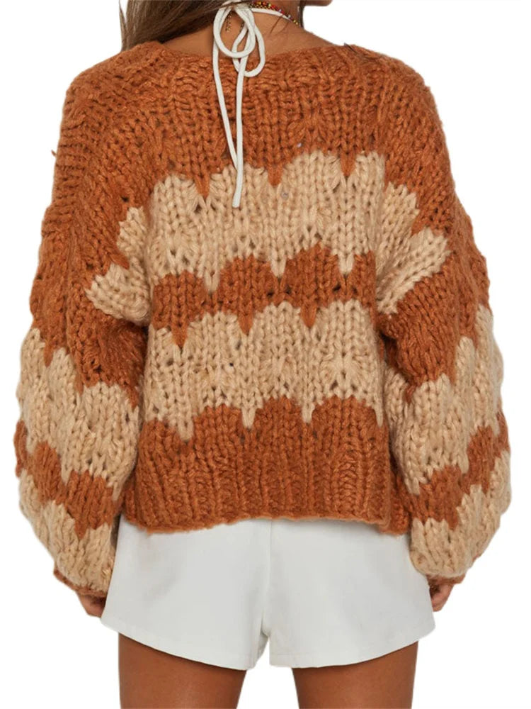 JuliaFashion - Female Contrast Color/Solid Long Sleeve Loose Knitted Cardigan Fall Winter Warm Sweater