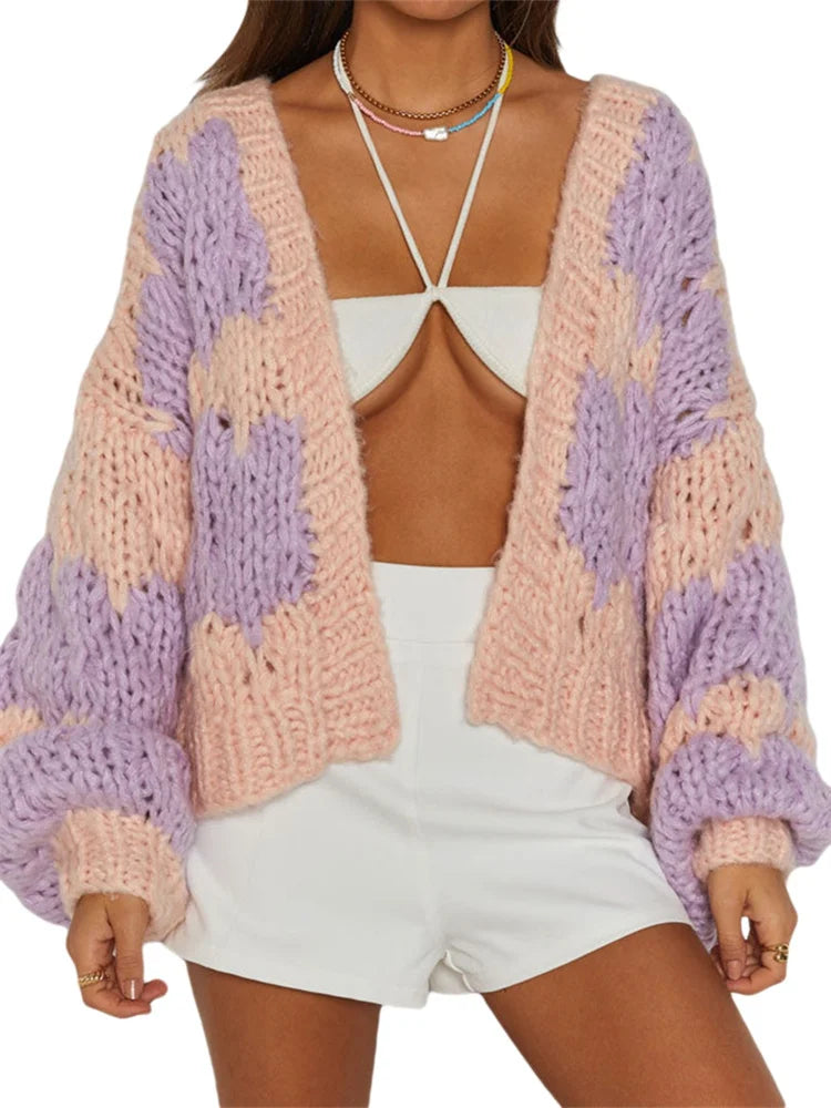 JuliaFashion - Female Contrast Color/Solid Long Sleeve Loose Knitted Cardigan Fall Winter Warm Sweater