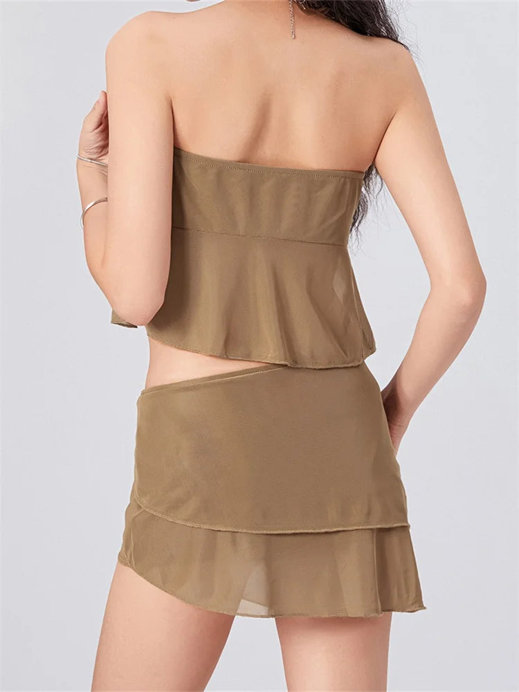 JuliaFashion - Mesh See Through Ruched Strapless Tops Low Waist Irregular Skirts Suits