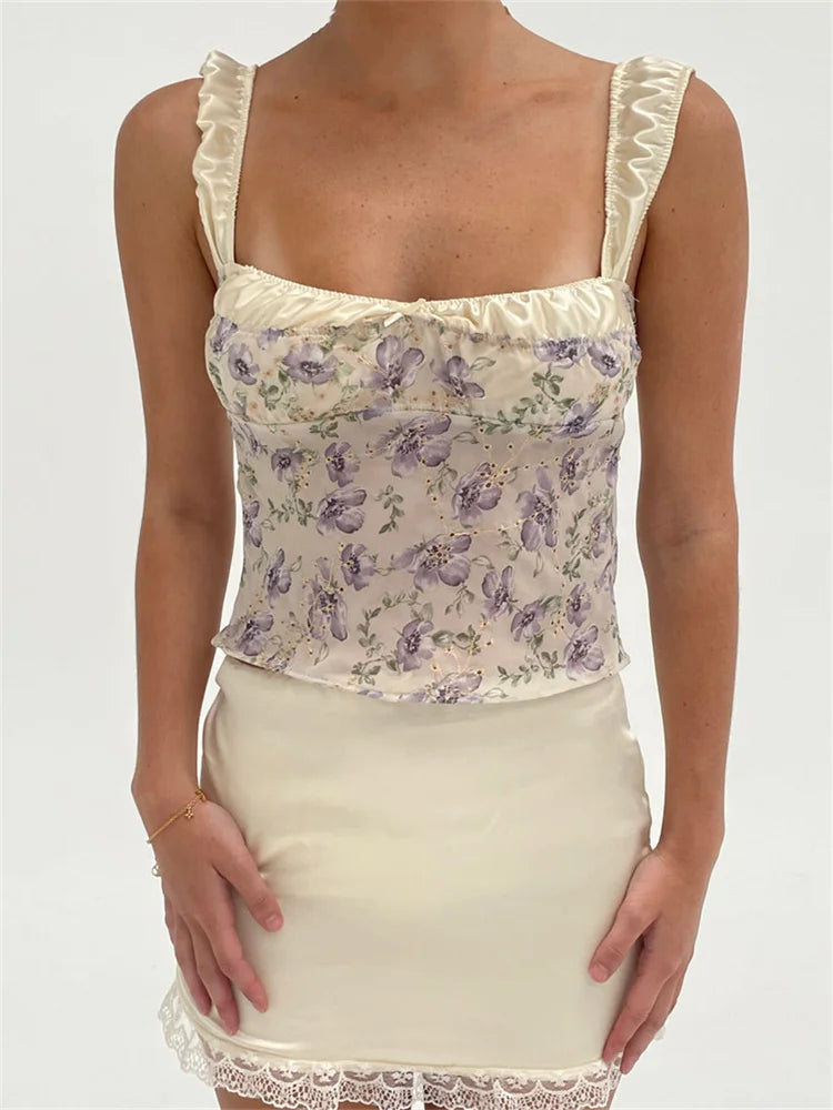 JuliaFashion - Retro Floral Print Square Neck Lace-up Tops Lace Mini Skirts Suits