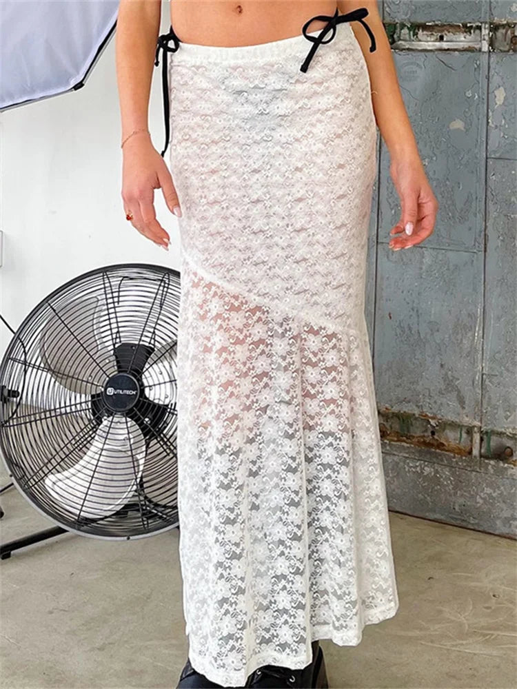 JuliaFashion - Retro Y2K Fairy Long Vintage Lace Floral Mesh Sheer See Through Bow Tie Up Beachwear Skirts