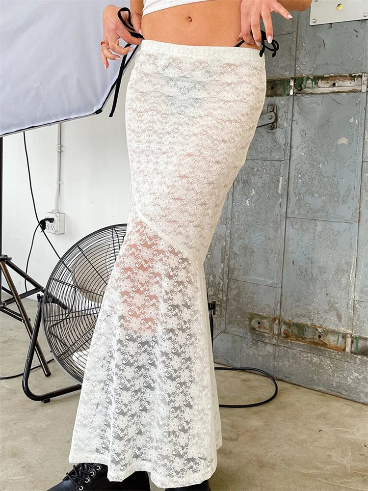 JuliaFashion - Retro Y2K Fairy Long Vintage Lace Floral Mesh Sheer See Through Bow Tie Up Beachwear Skirts