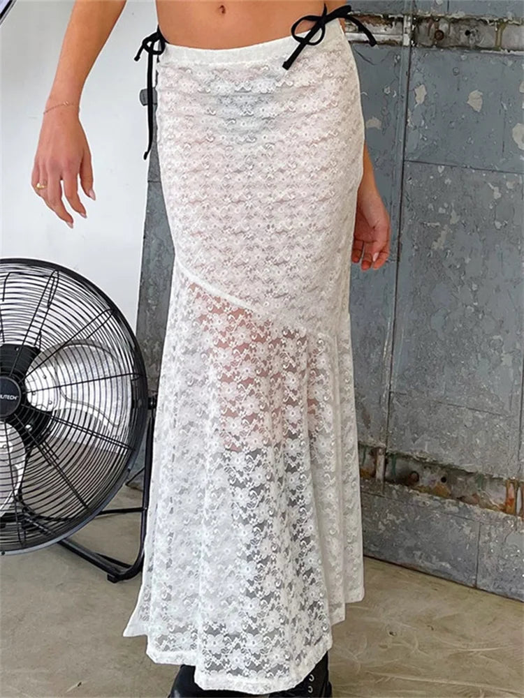 JuliaFashion - Retro Y2K Fairy Long Vintage Lace Floral Mesh Sheer See Through Bow Tie Up Beachwear Skirts