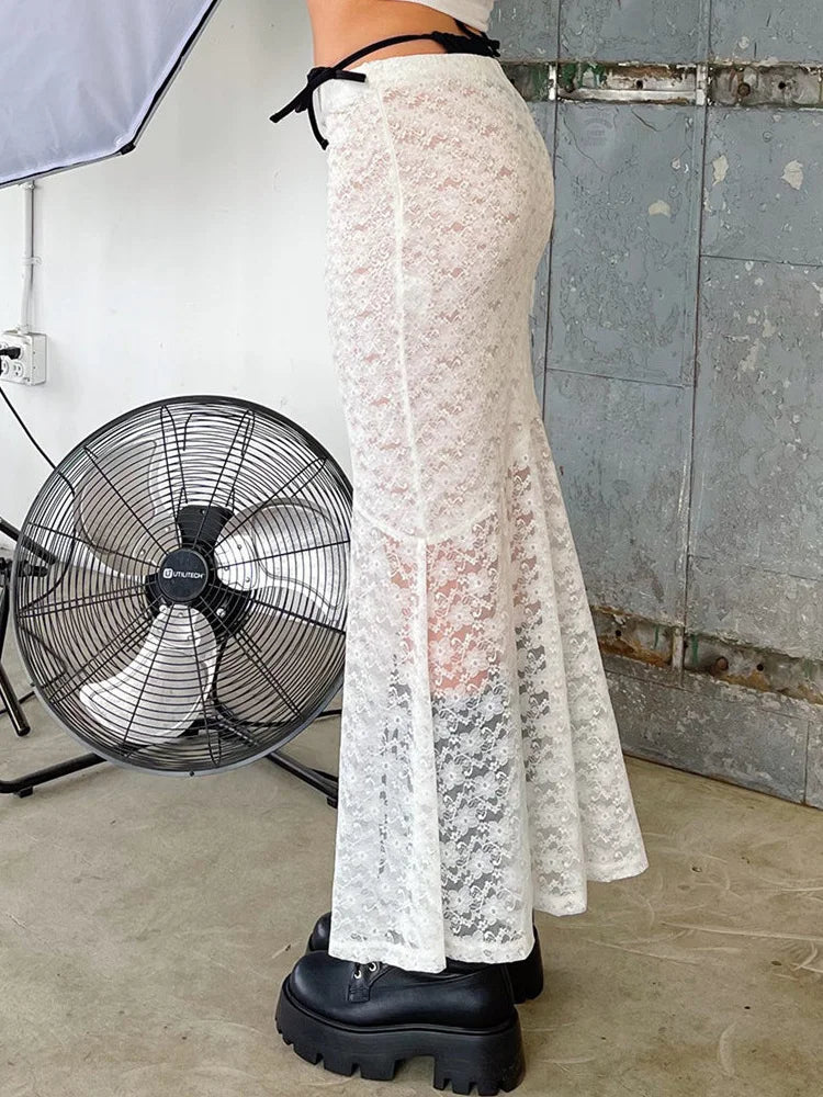 JuliaFashion - Retro Y2K Fairy Long Vintage Lace Floral Mesh Sheer See Through Bow Tie Up Beachwear Skirts