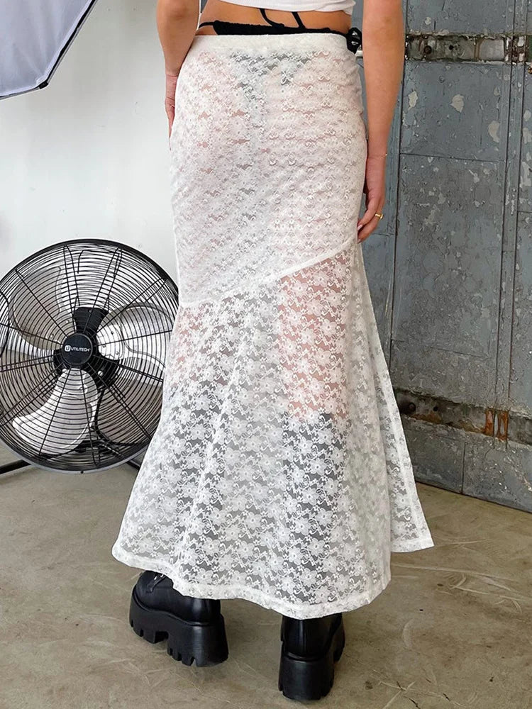 JuliaFashion - Retro Y2K Fairy Long Vintage Lace Floral Mesh Sheer See Through Bow Tie Up Beachwear Skirts