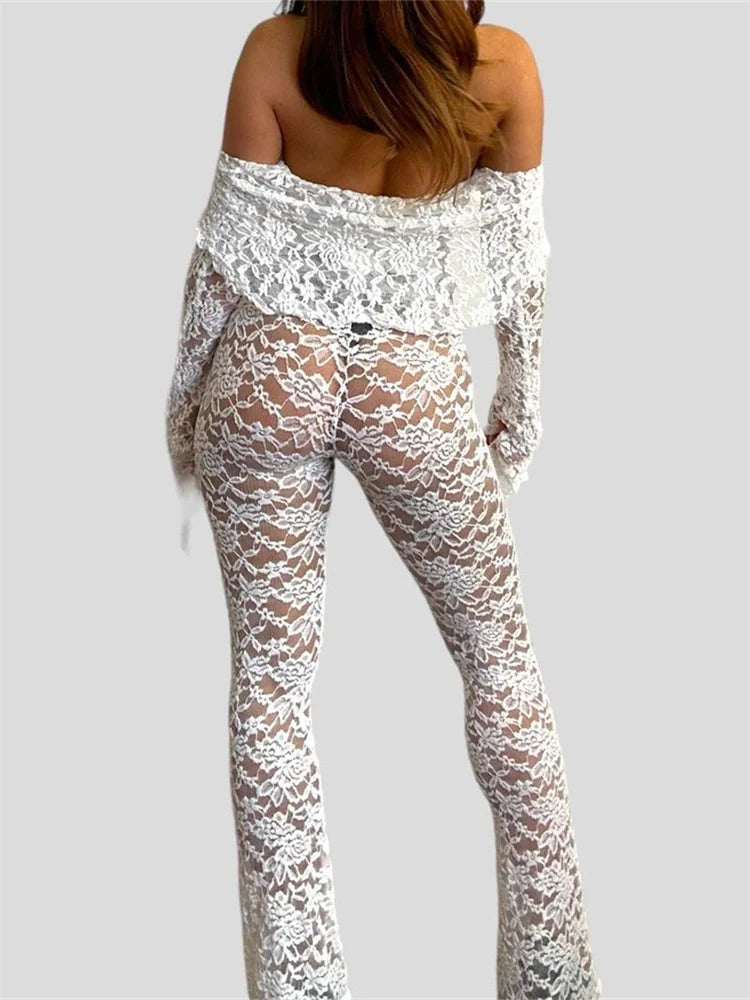 JuliaFashion - Long Sleeve Lace Slash Neck Off Shoulder Tees Flared Pants Suits