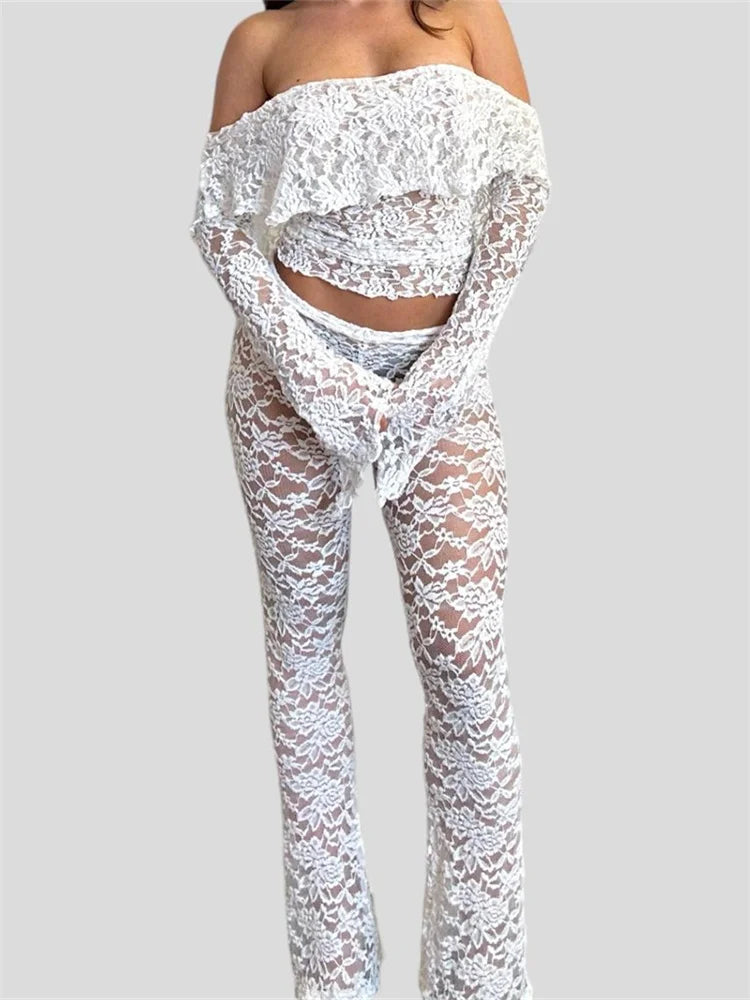 JuliaFashion - Long Sleeve Lace Slash Neck Off Shoulder Tees Flared Pants Suits