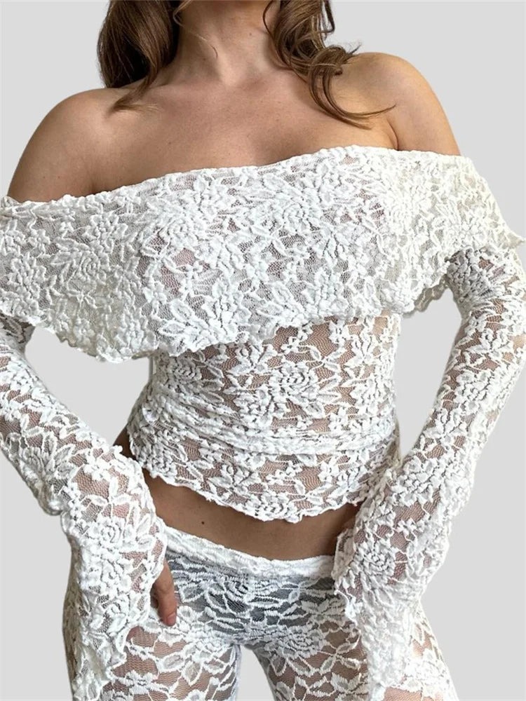 JuliaFashion - Long Sleeve Lace Slash Neck Off Shoulder Tees Flared Pants Suits